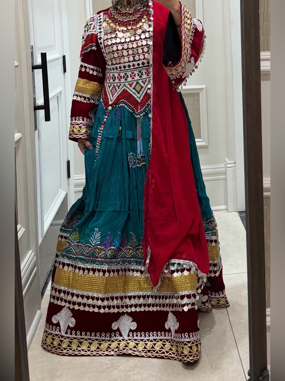 Traditional Afghan Women's Embroidered Teal & Burgundy dresswith Red Sash